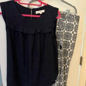 LOFT Navy sleeveless blouse abd patterned Jcrew pants.  Full outfit